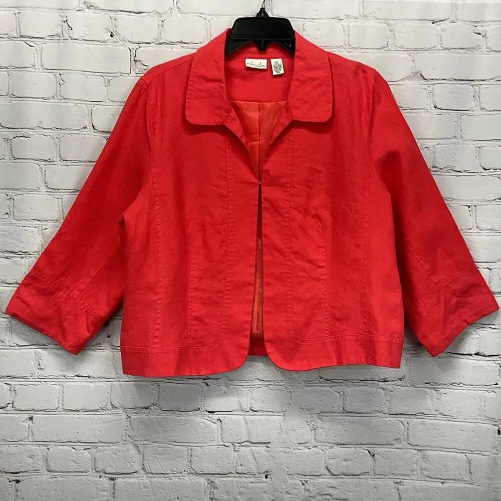 Kim Rogers Blazer Women's Petite Size XLP Red 100% Linen Business Casual Travel